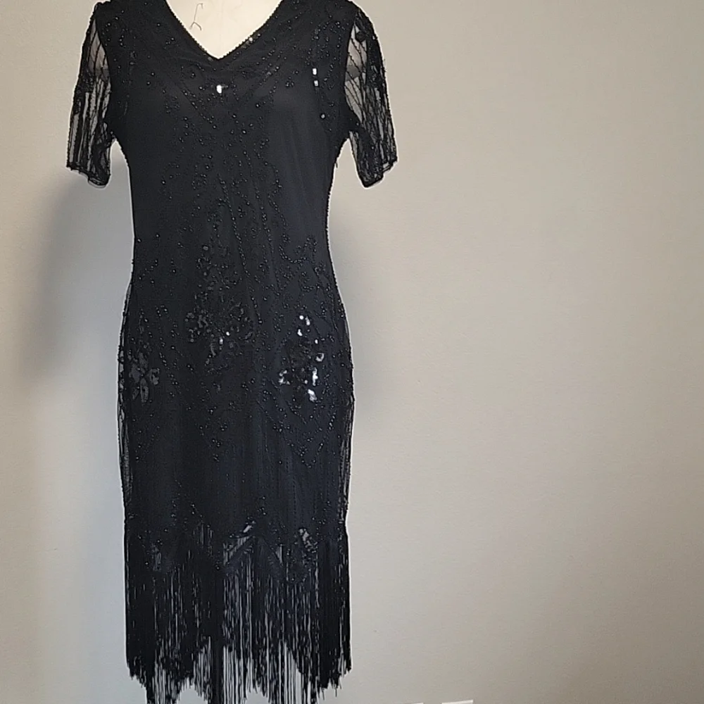 1920s Flapper Black Beaded Fringe High-Low Dress